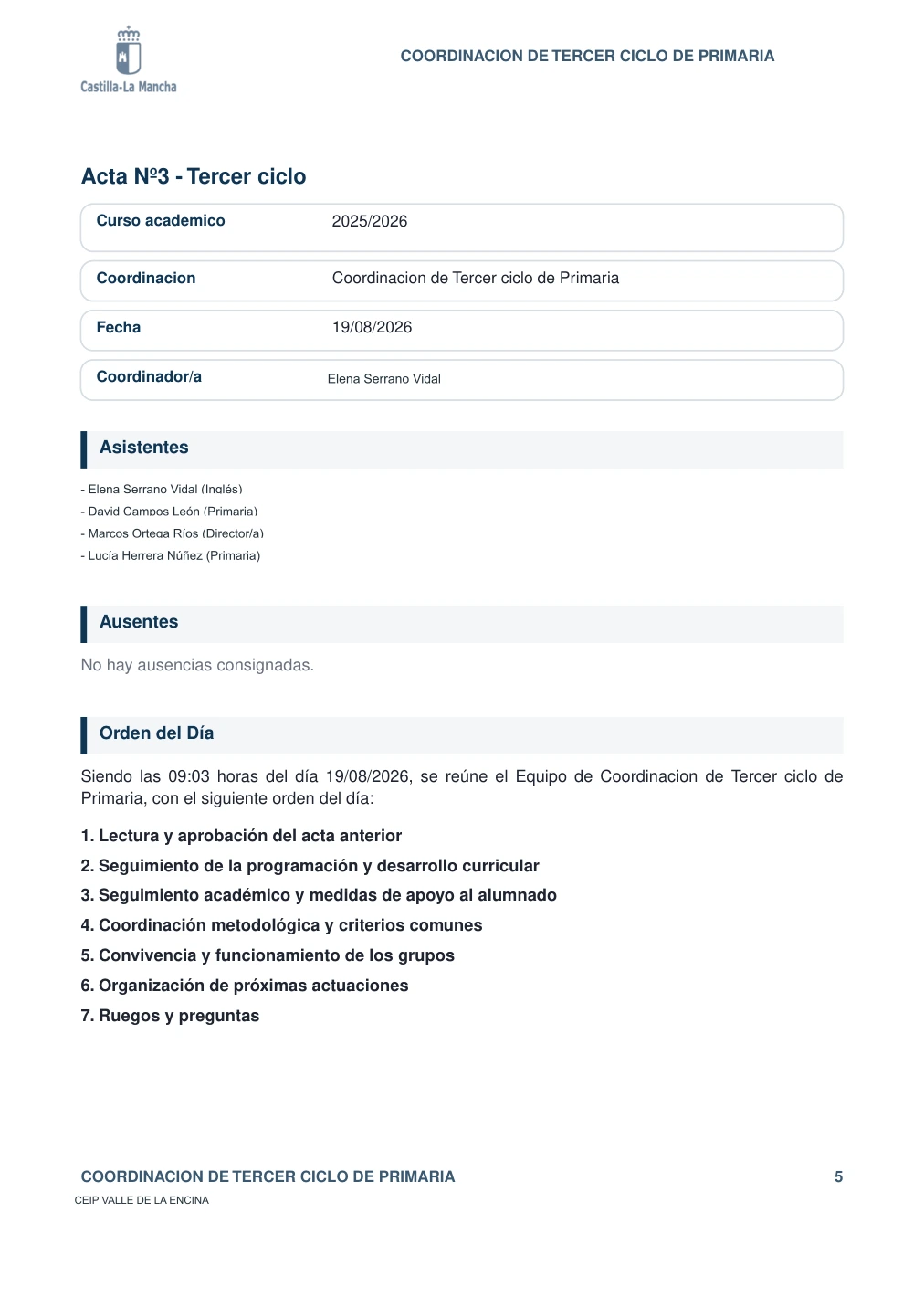 Primera p&aacute;gina del acta oficial de coordinaci&oacute;n: datos generales, asistentes y orden del d&iacute;a
