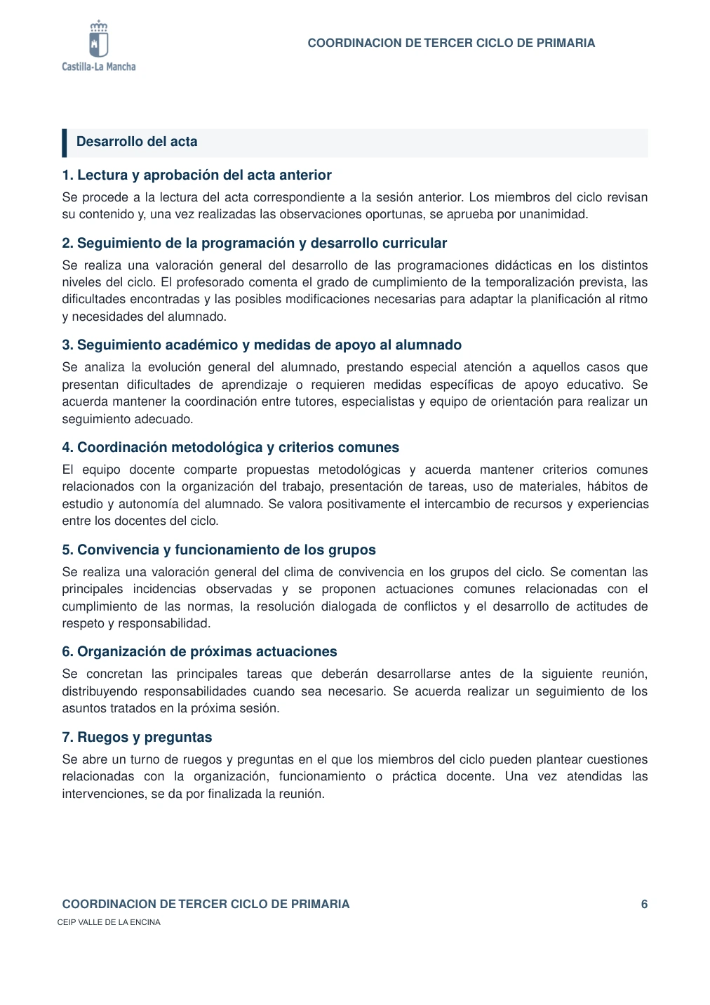 Segunda p&aacute;gina del acta oficial con el desarrollo completo de los siete apartados