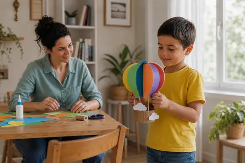 Una familia termina una manualidad de globo aerost&aacute;tico